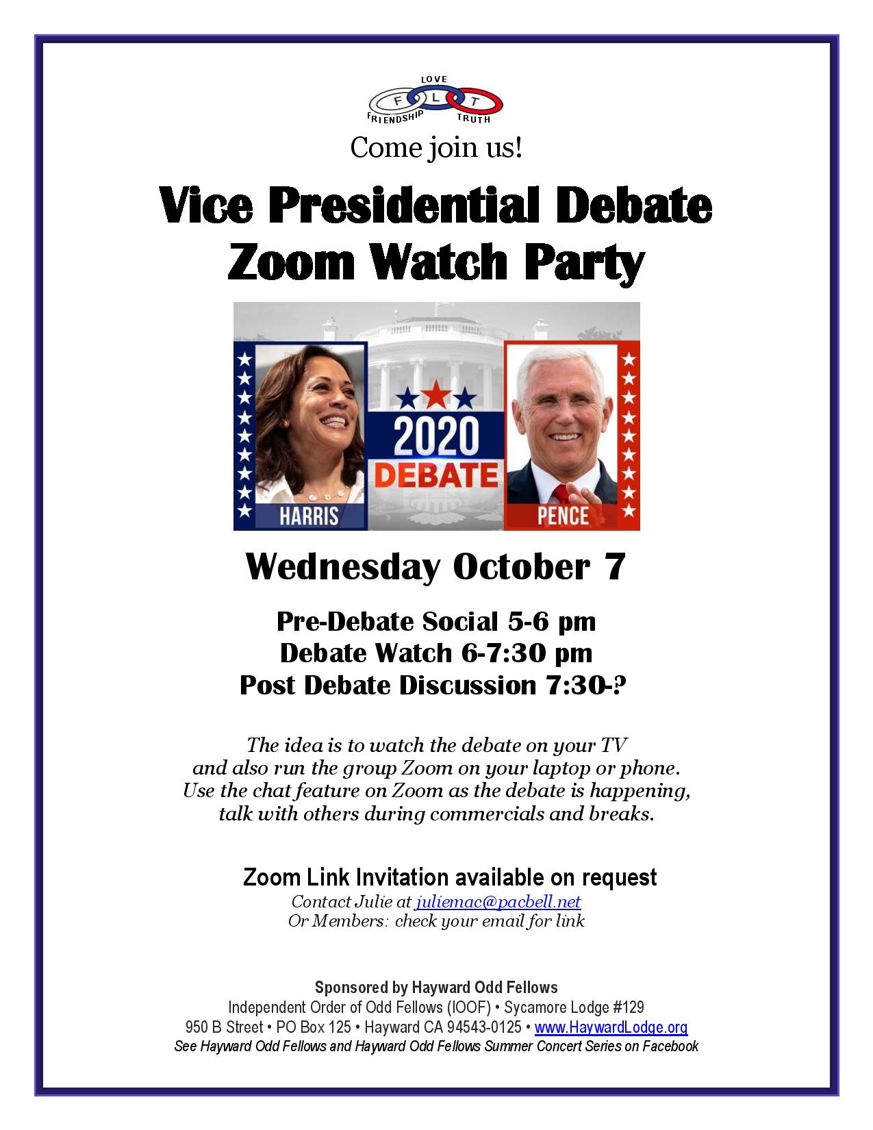 VP Debate ZOOM Watch Party Hayward Odd Fellows