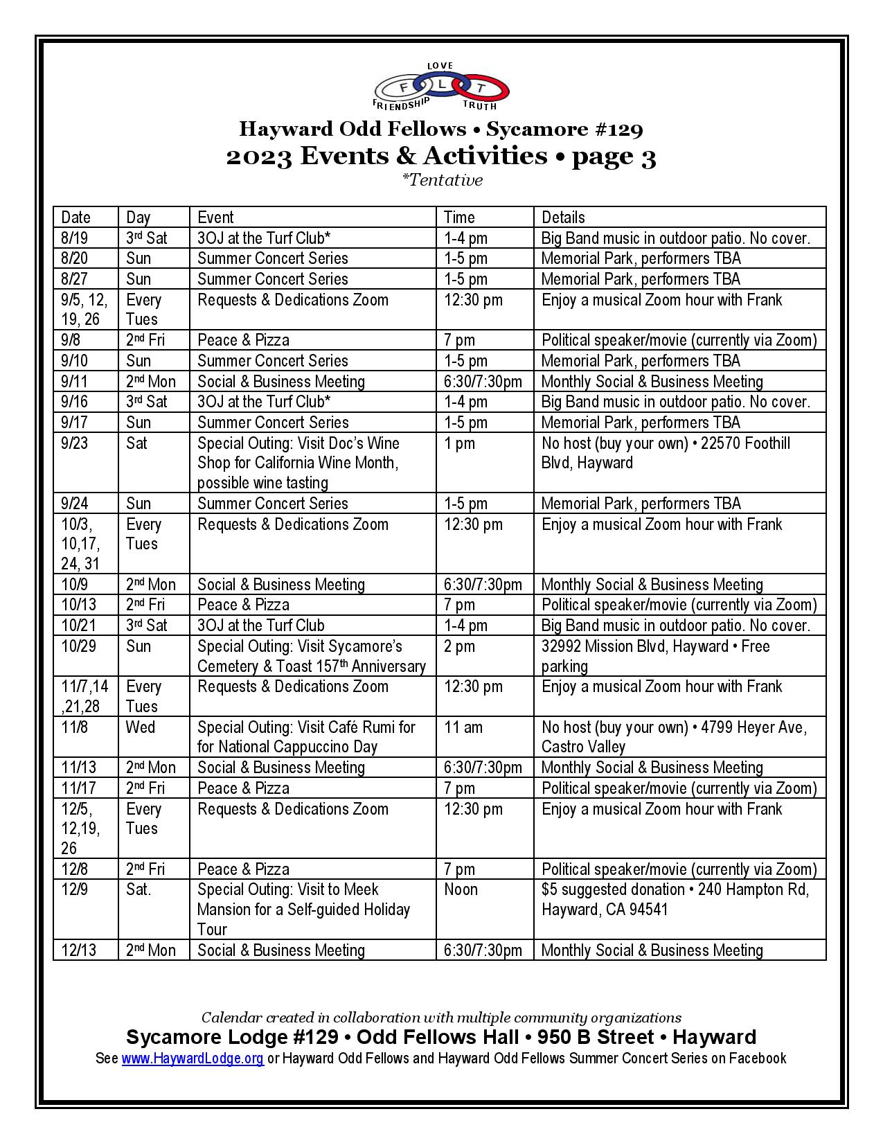 2023 Event Calendar | Hayward Odd Fellows