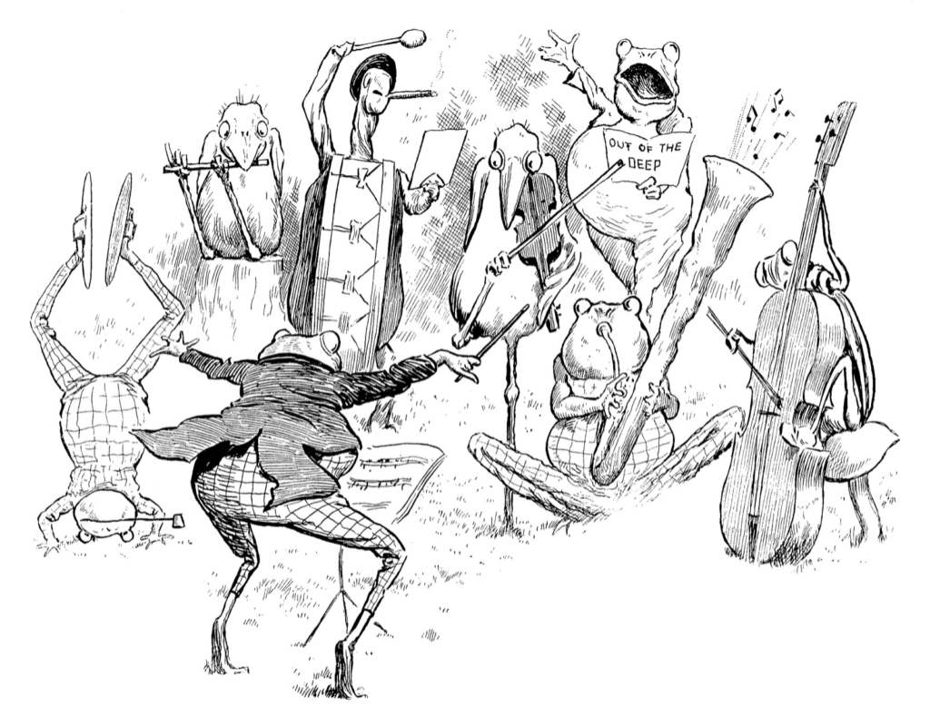 Vintage drawing of frogs and birds playing a concert outdoors, led by a frog conductor waving a baton