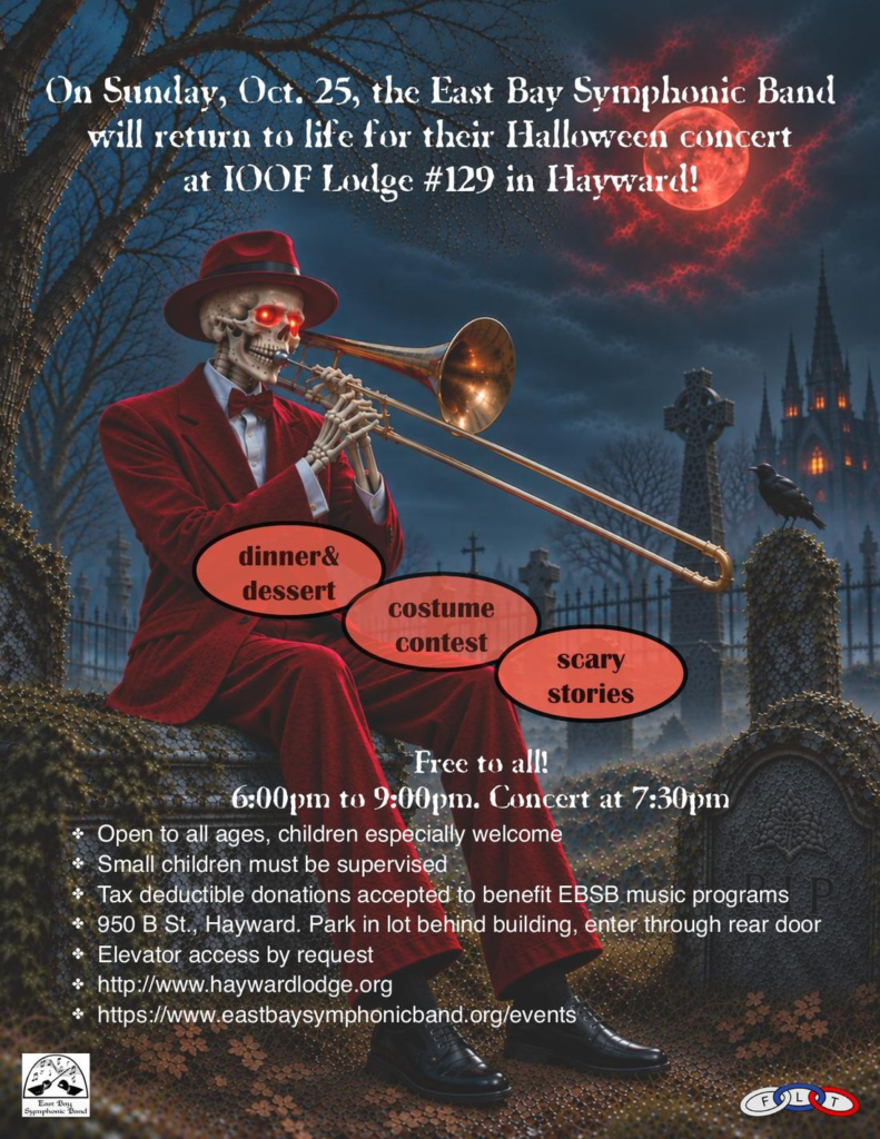 Flyer for the East Bay Symphonic Band Halloween concert: a skeleton in a red suit plays trombone in a moonlit graveyard. Event details are listed in the text on this page.