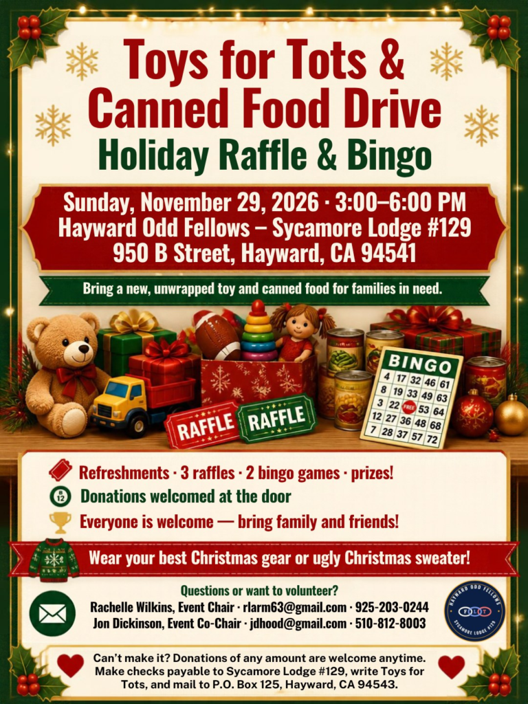Holiday flyer for the Toys for Tots & Canned Food Drive with Holiday Raffle & Bingo: a teddy bear, toy truck, wrapped gifts, canned food, raffle tickets and a bingo card. Event details are listed in the text on this page.